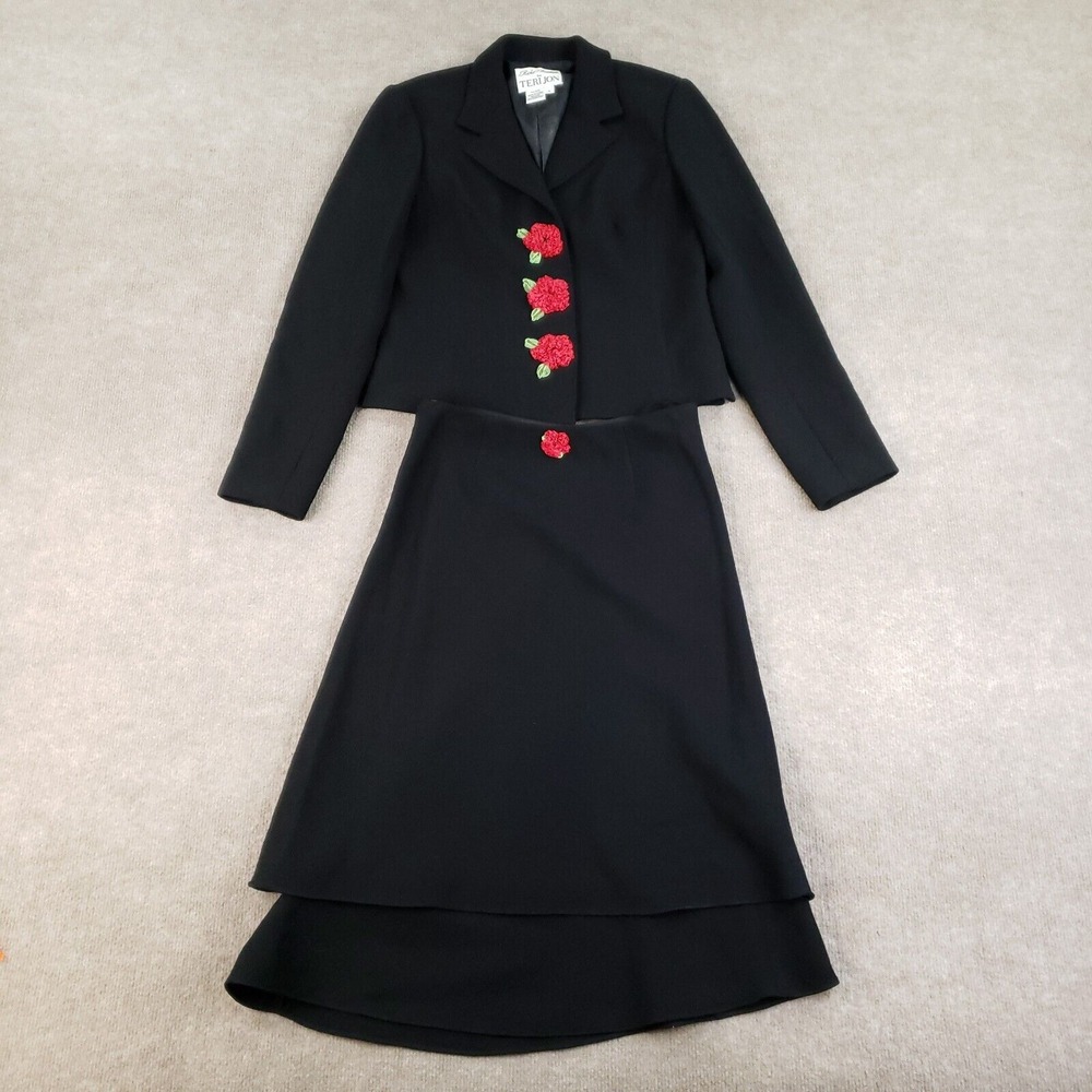 Rickie Freeman Teri Jon Blazer Skirt Suit Set Womens SZ 6 Black 2 piece Flower